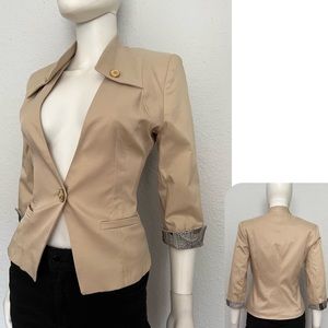 SALE💥WOMEN BLAZER ONE BUTTON 3/4 SLEEVES WITH CUFFS MILITARY BEIGE JACKET LINED